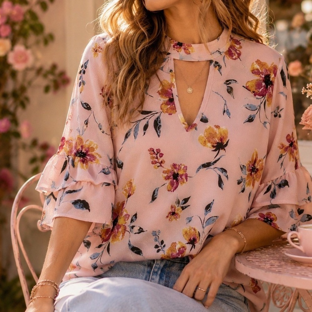 Urban Romantics Pink Floral Mock Neck Keyhole Blouse Ruffle Bell Sleeve Small